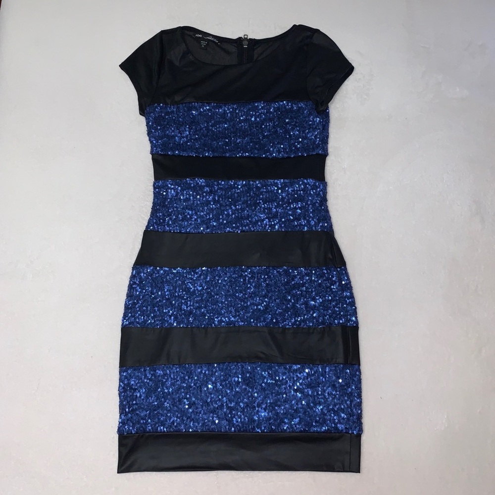 Bebe Addiction Black and Blue Sequin Striped Dress